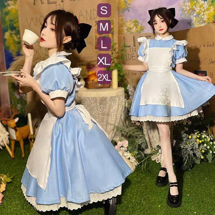 メイド服ロリータワンピースブルーレ...