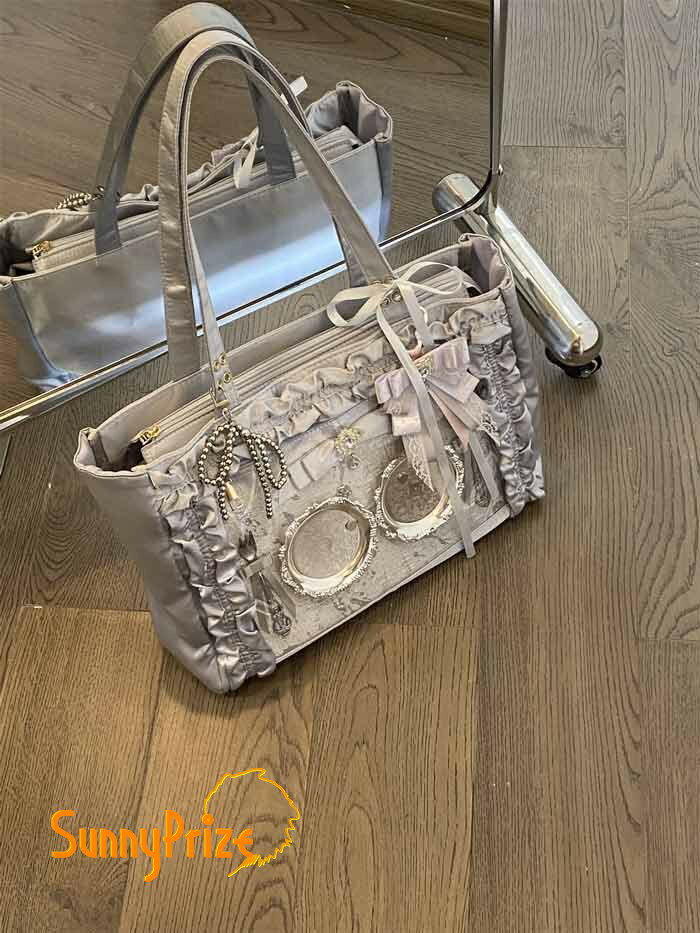 痛バッグ 小さめ リボン　痛バ トート ミニ スカラップ ハンドバッグ　トートバッグ フリル 痛バック 推し活バッグ サテン調 シルバー かわいい おしゃれ 鞄 人気 シート 付属 nc006m3m3m7