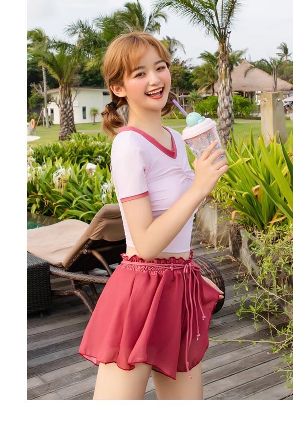 水着 大きいサイズ ぽっちゃり水着 レディース 体型カバー 大きいサイズ水着 ぽっちゃり タンキニ 服みたいな 3点セット リボン 半袖 ワイヤーなし パッド付 ラウンドネック セクシー 撮影用 海 夏 サマー プール リゾート かわいい 旅行 温泉 ジュニア 女の子 ママ レッド