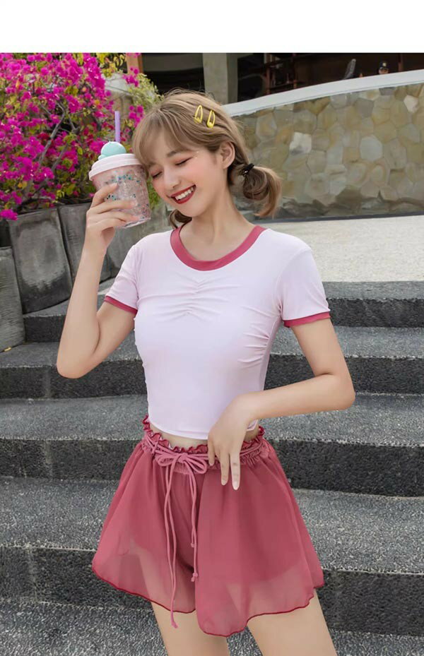 水着 大きいサイズ ぽっちゃり水着 レディース 体型カバー 大きいサイズ水着 ぽっちゃり タンキニ 服みたいな 3点セット リボン 半袖 ワイヤーなし パッド付 ラウンドネック セクシー 撮影用 海 夏 サマー プール リゾート かわいい 旅行 温泉 ジュニア 女の子 ママ レッド