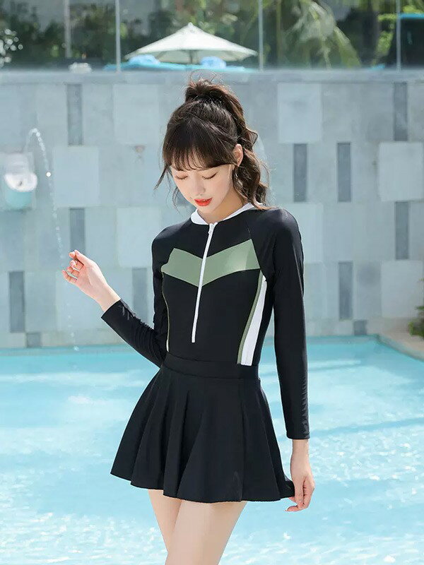 水着 大きいサイズ ぽっちゃり水着 レディース 体型カバー 大きいサイズ水着 ぽっちゃり ワンピース 服みたいな スポーツ風 2点セット 長袖 切り替え パッド付 カジュアル 撮影用 夏 サマー プール リゾート かわいい 旅行 温泉 ジュニア ブラック グリーン df469m4m4sa