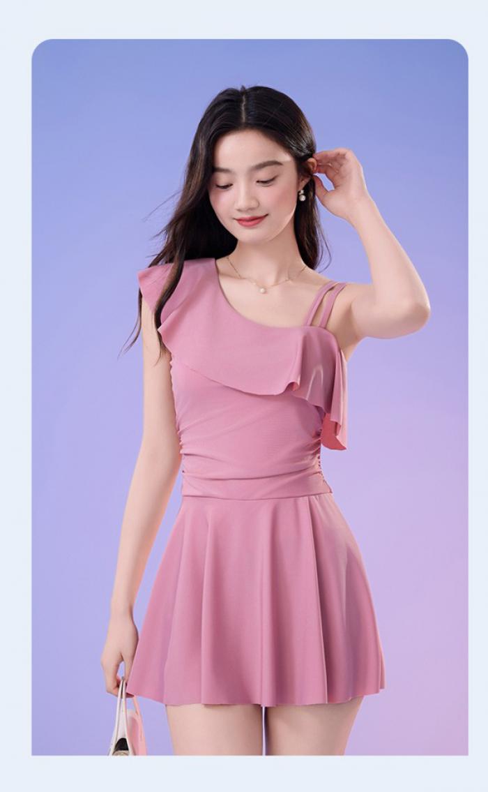 ワンピース水着 アシンメトリー 水着 エンジェルスリーブ パッド付 レディース 着痩せ シンプル 無地 フリル セクシー 写真映え 撮影用 海 夏 サマー プール リゾート かわいい 旅行 温泉 大人 女性用 母の日 大きいサイズ ピンク ブラック M L XL 2XL mg856m4m4x0