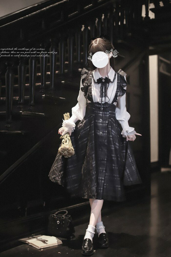 量産型 セットアップ 3点セット 地雷系 チェック柄 フリル ジャンパースカート ミモレ丈 ロリータ 長袖 上品 エレガント レディース 女子 リボン パフスリーブ ギャル ドレス 可愛い 病みかわいい 学生 お姫様 プリンセス お出かけ 通勤 ブラック S M L XL nc119m4m4lc