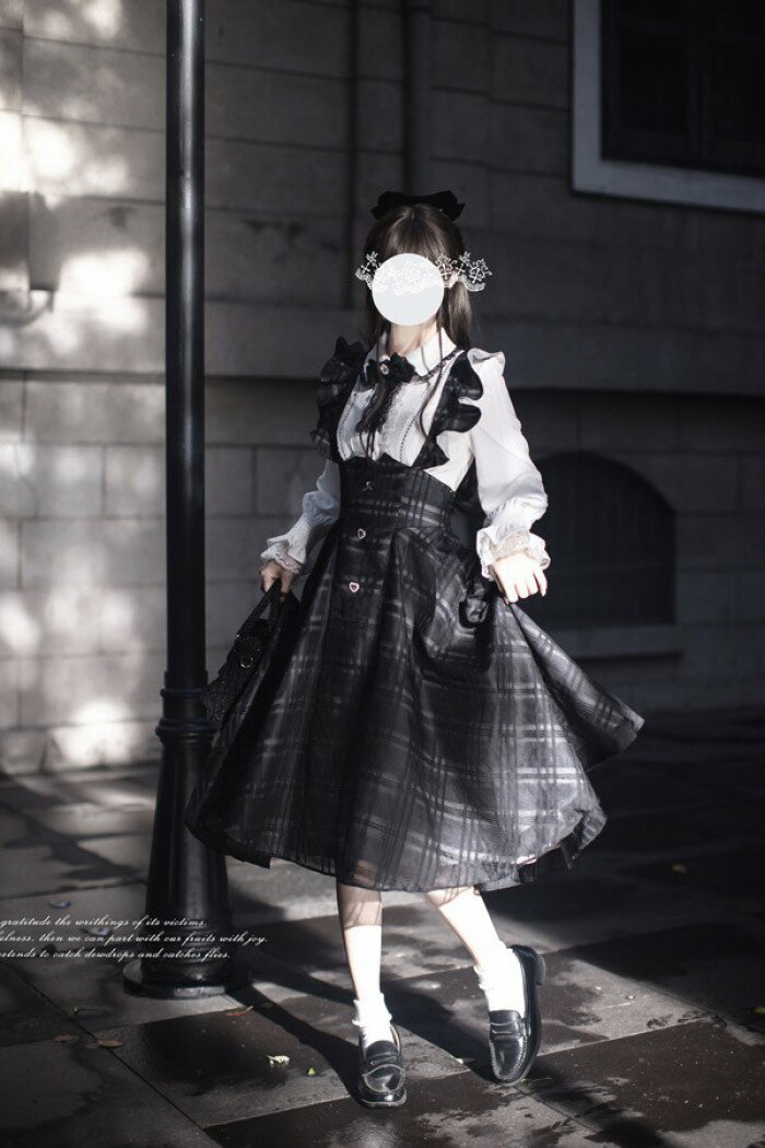 量産型 セットアップ 3点セット 地雷系 チェック柄 フリル ジャンパースカート ミモレ丈 ロリータ 長袖 上品 エレガント レディース 女子 リボン パフスリーブ ギャル ドレス 可愛い 病みかわいい 学生 お姫様 プリンセス お出かけ 通勤 ブラック S M L XL nc119m4m4lc