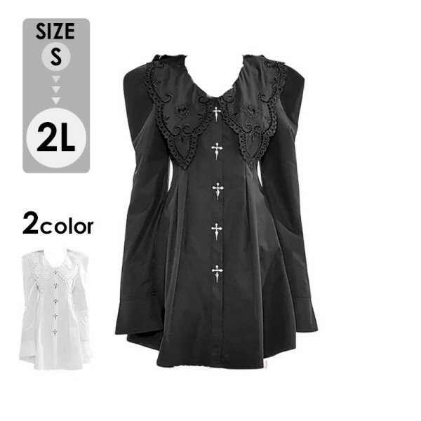 ワンピース レディース バロック風 ドールカラー 金属クロス デザイン 長袖 パフスリーブ ハロウィ ...