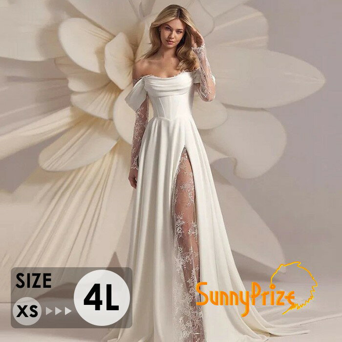 ウェディングドレス 長袖 オフショルダー Aライン レース スリット 結婚式 披露宴 二次会 前撮り フォトウェディング ドレス 大きいサイズ XS 4L エレガント 海外挙式 スレンダー ビーチフォト ガーデンウェディング ホワイト 発表会 パーティードレス bc120n1n1z7