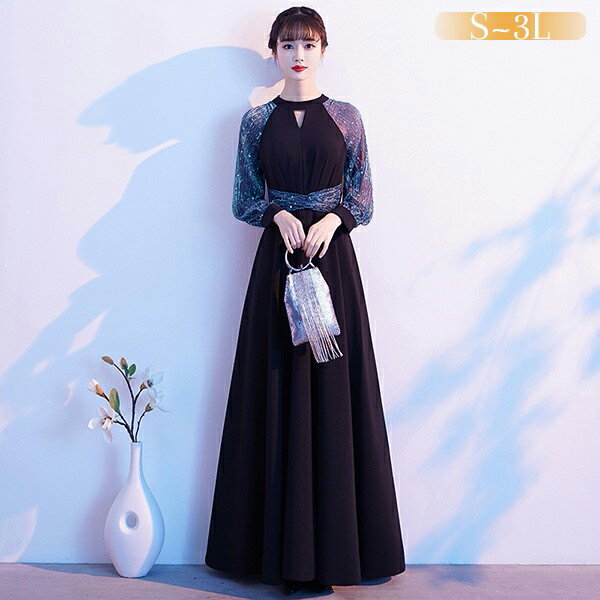 ロングドレス 演奏会 ドレス 大人 ピアノ 発表会 演奏会用ドレス 演奏会ドレス パーティードレス 結婚式 母親 ピアノ発表会 黒ドレス 袖付き キラキラ ワンピース 長袖 イブニングドレス ロング丈 ミモレ丈 ショート丈 カットアウト フォーマル da228n1n1w9