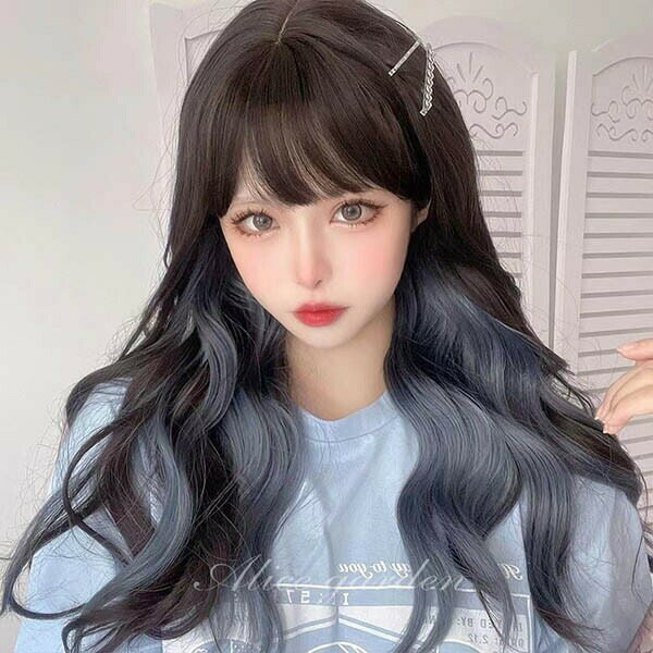 ウィッグ レディース フルウィッグ 巻き毛 インナーカラー グラデーション メッシュ ロング ロングウィッグ ブラウン ブルー 茶髪 前髪あり 原宿風 ぱっつん前髪 コスプレ 可愛い コスチューム 仮装 超自然 小顔 大人用 普段使い イベント ブラウン×ブルー dp140n1n1g4
