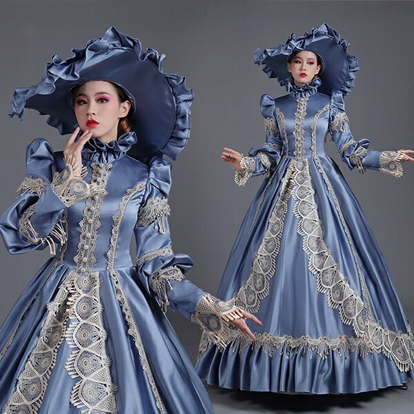 ロングドレス 貴族ドレス お姫様ドレス ドレス 中世ヨーロッパ ステージ 袖あり 盛り袖 衣装 貴婦人 ラフカラー 上品 帽子付き 演奏会 舞台衣装 貴族風 メルヘン ゴージャス ドレス衣装 声楽 撮影 コスプレ Aライン フリル ブルー S M L XL da892s1s1c8
