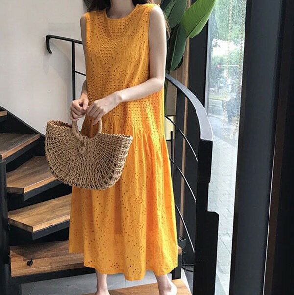 夏ワンピース 透かし リゾートワンピース ノースリーブ 夏ワンピ リゾート ロングワンピース サマー ゆったり 大きサイズ ビーチ リゾート ロング丈 旅行 結婚式 披露宴 お呼ばれ イエローdn007s1s1w9