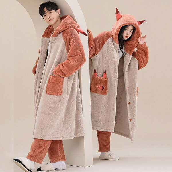 ルームソックス1点プレゼント ペアパジャマ 冬用 もこもこ ナイトガウン 前開き 長袖 ユニセックス レディース メンズ カップル 裏起毛 着る毛布 暖かい 部屋着 お揃い かわいい 結婚祝い ギフト バレンタイン プレゼント 寝巻き pd034s1s1g4
