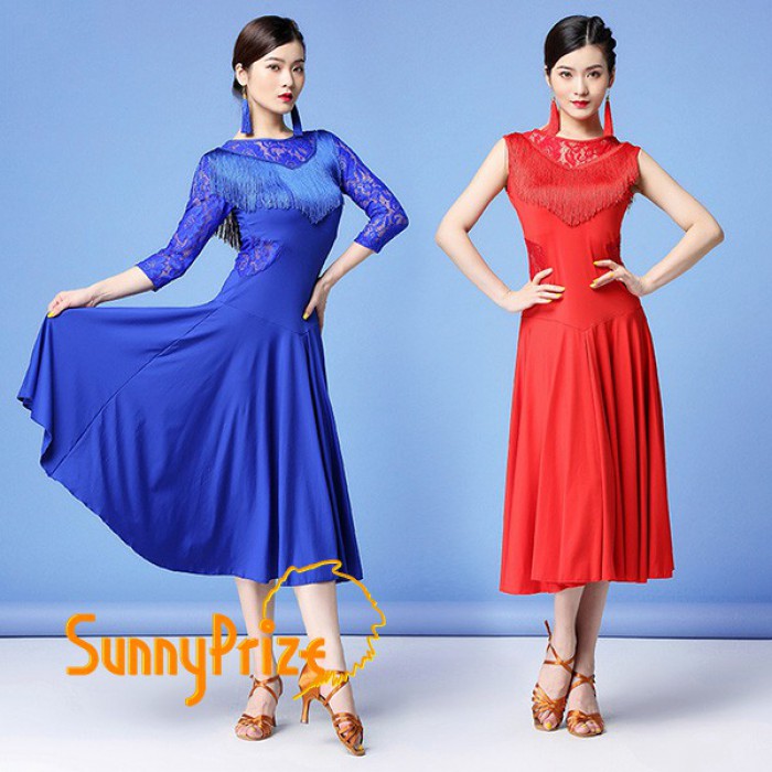 社交ダンス ドレス スタンダードドレス 社交ダンス衣装 ワンピース ルンバ レース 透け感 七分袖 ノー..