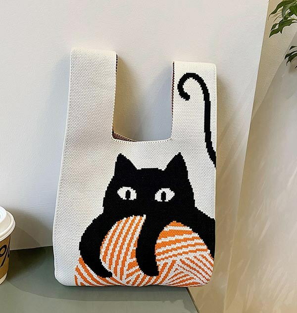 トートバッグ ニット レディース 可愛い 猫柄 ニットバッグ ミニトート マルシェバック かばん 小さめ エコバック ミニバック サブバッグ おしゃれ cm018t2t2g4
