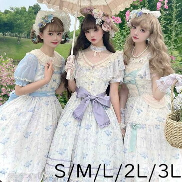 ロリータ 森ガール ワンピース Aライン Lolita パフスリーブ レース フリル 半袖 パッド付き ポケット付き 萌え萌え 可愛い 友達 姉妹 プレゼント ミモレ丈 膝丈 レディース コスチューム 仮装 ハロウィン 学園祭 文化祭 紫 水色 緑 dg303t2t2w9/代引不可