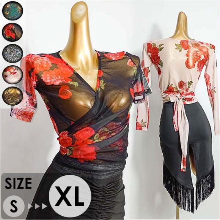 社交ダンス トップス レディース ダンスウェア 半袖 長袖 カシュクール 花柄 ラテン モダン チャチャチャ ダンス衣装 透け感 練習着 発表会 大会 インターナショナル S M L XL ヒョウ柄 グリーン レッド ピンク イエロー dm108t2t2x0