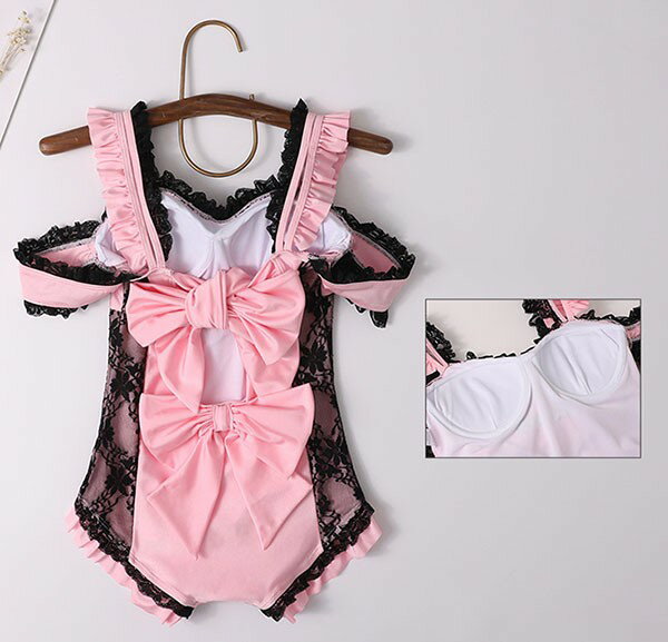 ワンピース水着 レディース ロリータ風 かわいい レース フリル 水着 オフショルダー 肩出し 撮影 プール ビーチ オフホワイト ピンク 黒 M L 2L ec106t2t2w9