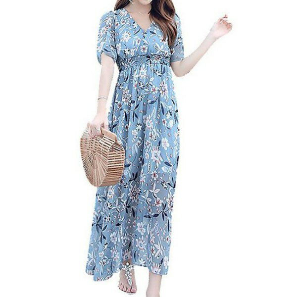 ハワイ リゾートワンピース マキシ丈 半袖 花柄 総柄 Aライン ハイウエスト 体型カ...