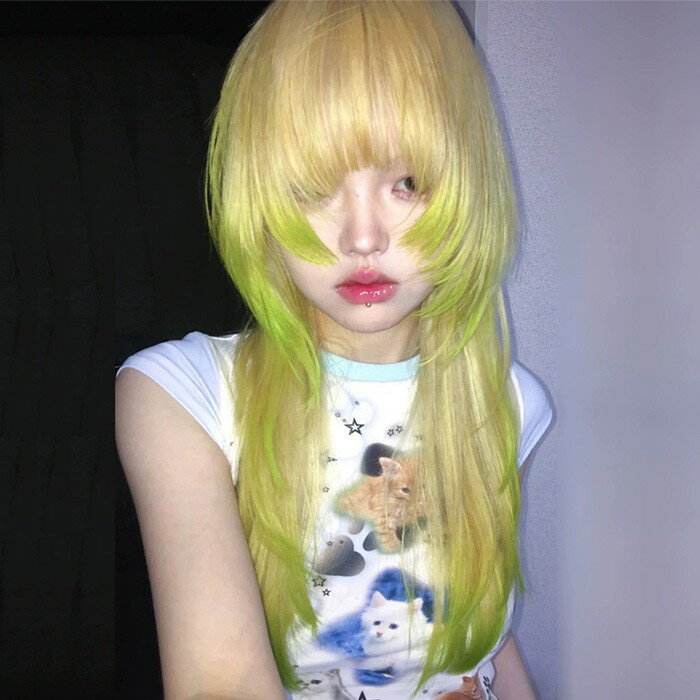 ロング ウィッグ グラデーション グリーン ゴールド ストレート 前髪あり 耐熱 高品質 フルウィッグ 自然 レディース コスプレ ハロウィン 撮影 イベント 個性的 ロック系 おしゃれ 可愛い dp009x0x0lc