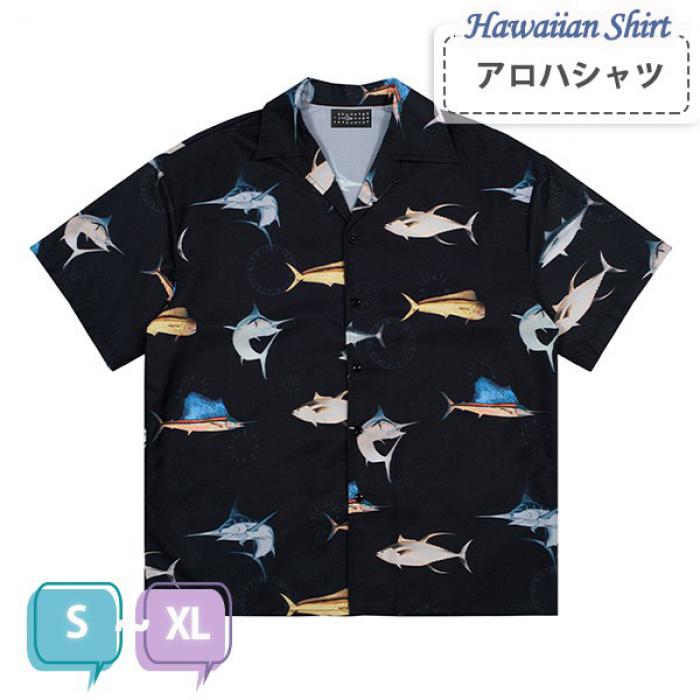 アロハシャツ シャツ エスニック柄 マグロ柄 魚総柄 メンズ レディース ペアルック 男女兼用 開襟シャ..