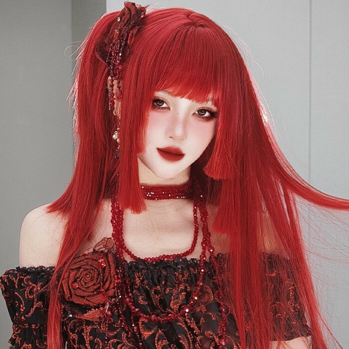 姫カット 中世の貴族風 ストレート レッド 赤髪 フルウィッグ かつら 女性 長髪 ロングウィッグ ロングヘア ロリータ lolita 前髪あり 自然 可愛い wig コスプレ 耐熱ウィッグ 小顔効果 コスチューム 仮装 文化祭 学園祭 演劇 舞台 イベント 変装 女装 dp245x1x1x0