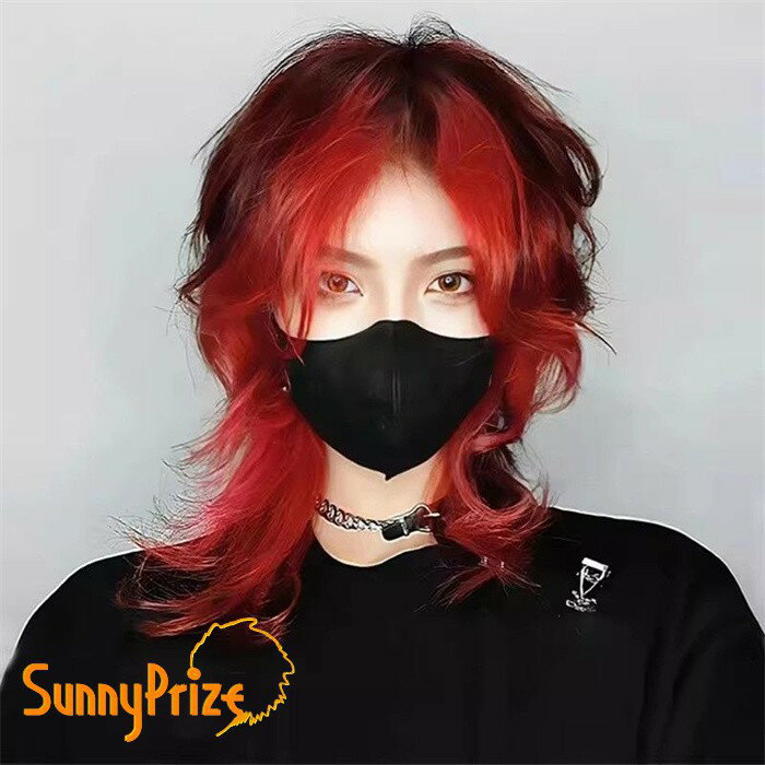 ウィッグ メンズ レディース ウルフカット レッド ブラック ツートン...(4)