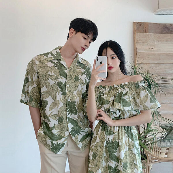 ペアルック カップル ワンピース 半袖 グリーン シャツ かわいい メンズ レディース 韓国風 綿 新婚旅行 シャツ ご夫婦 お誕生日 プレゼント 恋人 S/M...