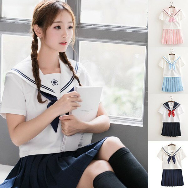 制服 セーラー服 半袖 リボン付き スカート 夏セーラー ピンク 女子高生 桜の刺繡 JK風 女性用 女の子衣装 可愛い 【サイズ有S/M/L/XL】dx019z7z7sa