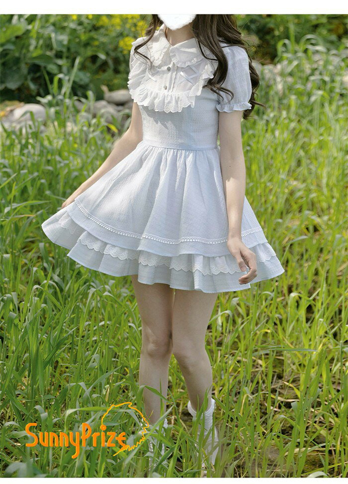 量産型 ワンピース ロリータ 夏 レース 半袖 レディース 女子 ショート丈 ミニ フリル パフスリーブ ドレス ハイウエスト 着痩せ かわいい 可愛い 病みかわいい 学生 お姫様 プリンセス お出かけ 通勤 ブルー S M L mj030z7z7z7 sunnyprize-10037313 サニープライズ 楽天市場店 サンプル画像3