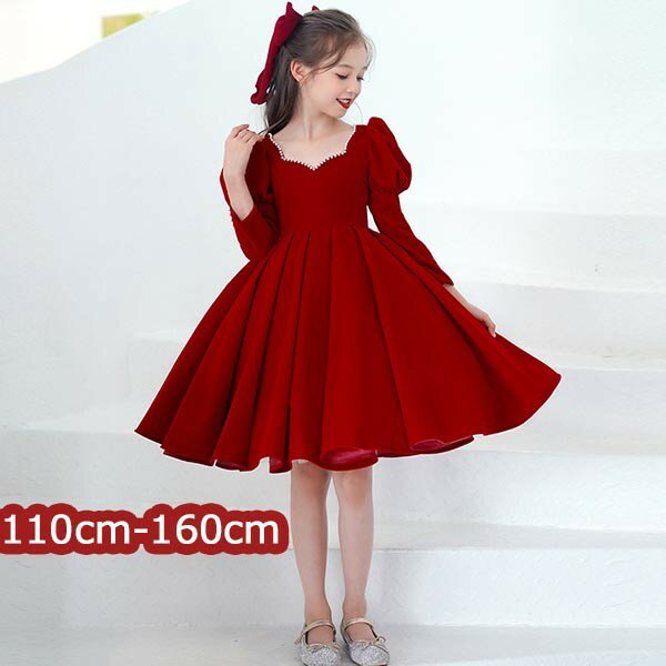 ピアノ 発表会 キッズ ドレス パーティー 長袖 お姫様 ショート丈 エレガント ワンピース 子供ドレス ファスナータイプ 子供ドレス 女の子 ショート丈 フォーマル ステージ衣装 クリスマス レッド db213zezed4