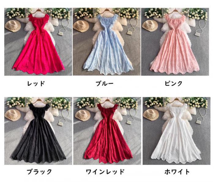 マキシ丈 ワンピース 無地 マキシワンピ ロング に刺繍 オフショルダー リゾート ...