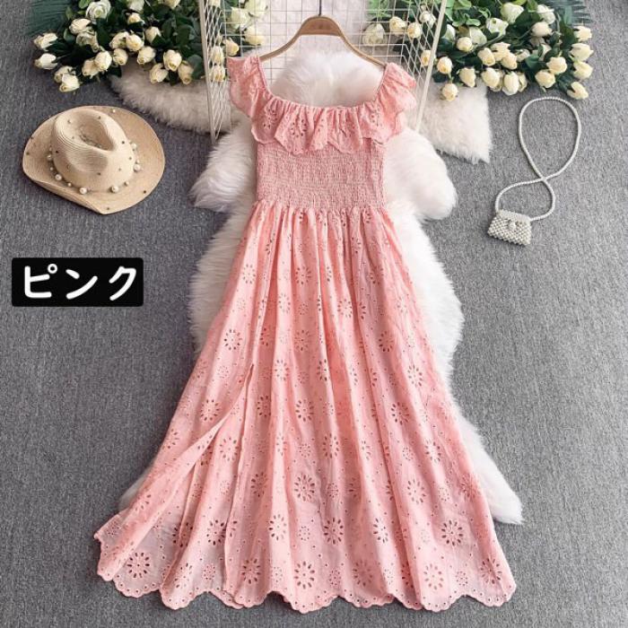 マキシ丈 ワンピース 無地 マキシワンピ ロング に刺繍 オフショルダー リゾート ...