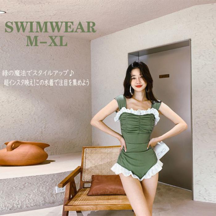 樂天商城 - レディース 水着 ワンピース水着 パッド付 かわいい リボン 小胸 露出控えめ グリーン 夏 海 ビーチ プール 温泉旅行 M L XL