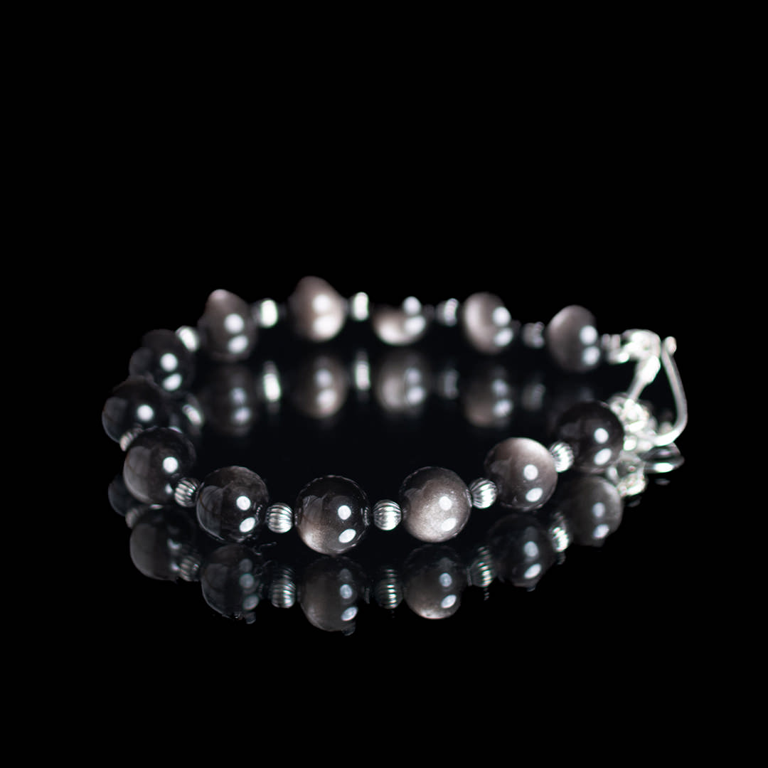 【サイズオーダー無料】天然石ブレスレット カレンシルバーU字フック シルバーオブシディアン ナバホパール ユニセックス 男女兼用 女性用 男性用 レディースブレ...