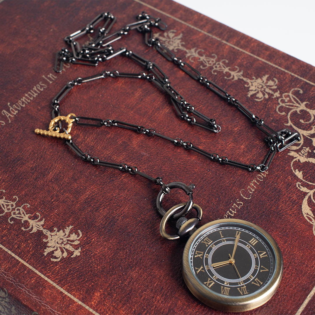 懐中時計用付属品 懐中時計ネックレスチェーン ブラックチェーン×ゴールドマンテル 80cm 金属アレルギー対応 サージカルステンレス SUS316L マンテルネックレス 日本製 簡単 ワンタッチ 引き輪 メンズ レディース 懐中時計本体は別売り