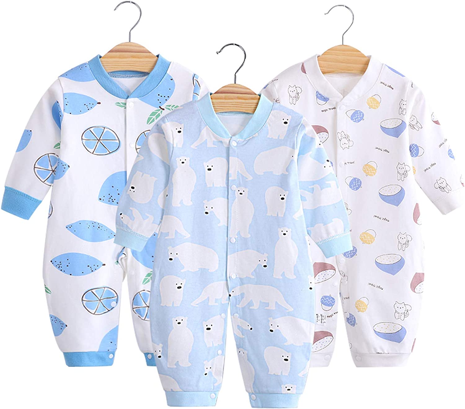 3枚入 カバーオール 新生児服 綿100% 赤ちゃん 長袖 ロンパース ベビー 前開き 男の子 女の子 可愛い 着替え便利 子供服 春 秋 冬 出産祝い レモン柄 0-12ヶ月