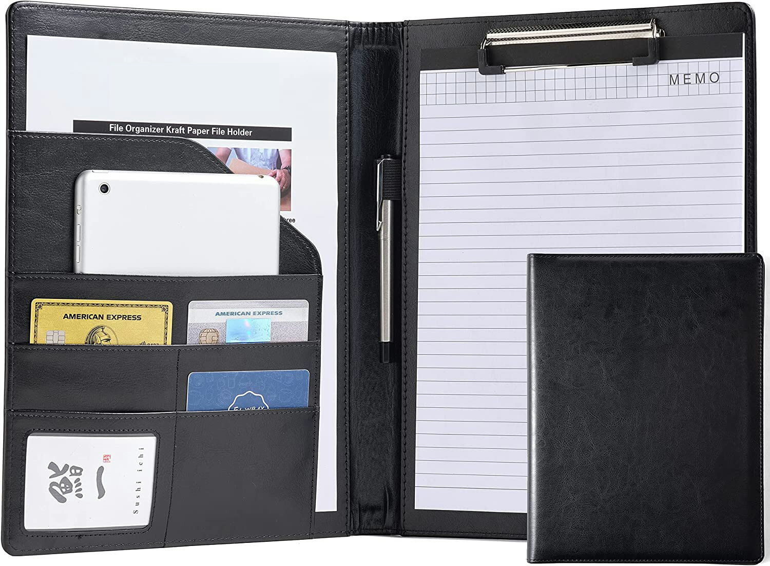 バインダー A4 PU 二つ折り 多機能 名刺入れ 収納　メモ帳付き