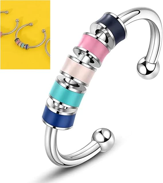 Rakuten - リラックス効果リング 調節可能 オープンセット レディース 心地よいフィット感 回転ビーズ リング ステンレス 圧力調整リング ギフトボックス*1付属（ランダムカラー）