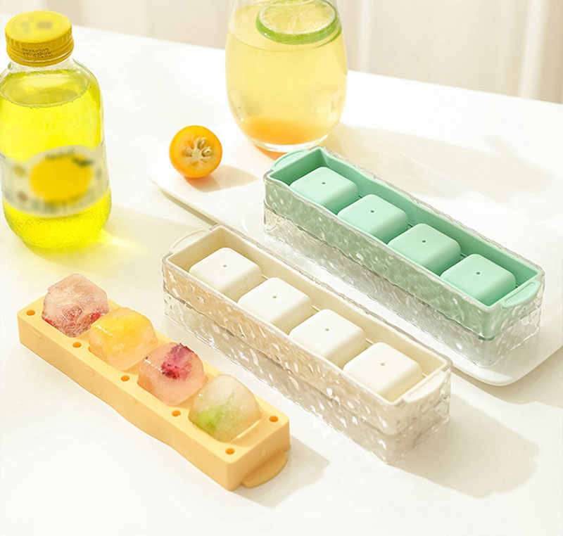 製氷皿 製氷器 4個取り 製氷機 氷 四角氷 シリコン 氷モールド 18*5*4.2cm アイストレー 取り出しやすい 冷凍保存 耐久性 家庭用 かわいい おしゃれ 暑さ対策 夏 3色 3