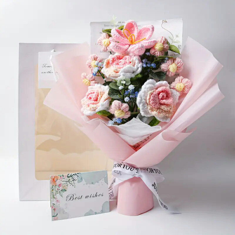 8タイプ 毛糸 造花 花束 かぎ針で編む花束 枯れない花 手芸 編み物 手作り 母の日 敬老の日 開店祝い 卒業式 女性 プレゼント バレンタインデー ホワイトデー 可愛い 花束 誕生祝 結婚式 百合 ローズ ひまわり ライト付き 透明ギフト袋付き