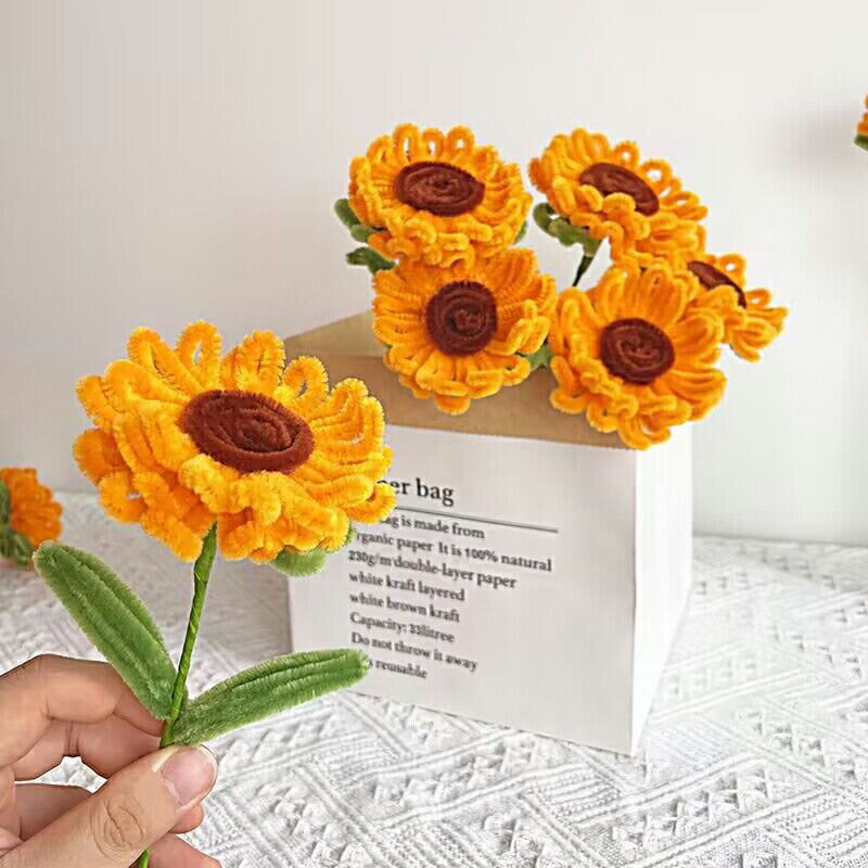 【完成品】ひまわり バラ 柿 手芸モール 造花 枯れない花 手芸 モールフラワー 手作り 母の日 敬老の日 開店祝い 卒業式 女性 プレゼント バレンタインデー ホワイトデー お返し ぬいぐるみ花束 精巧 可愛い 誕生祝 結婚式 5本（花のみ。包材は付属していない）