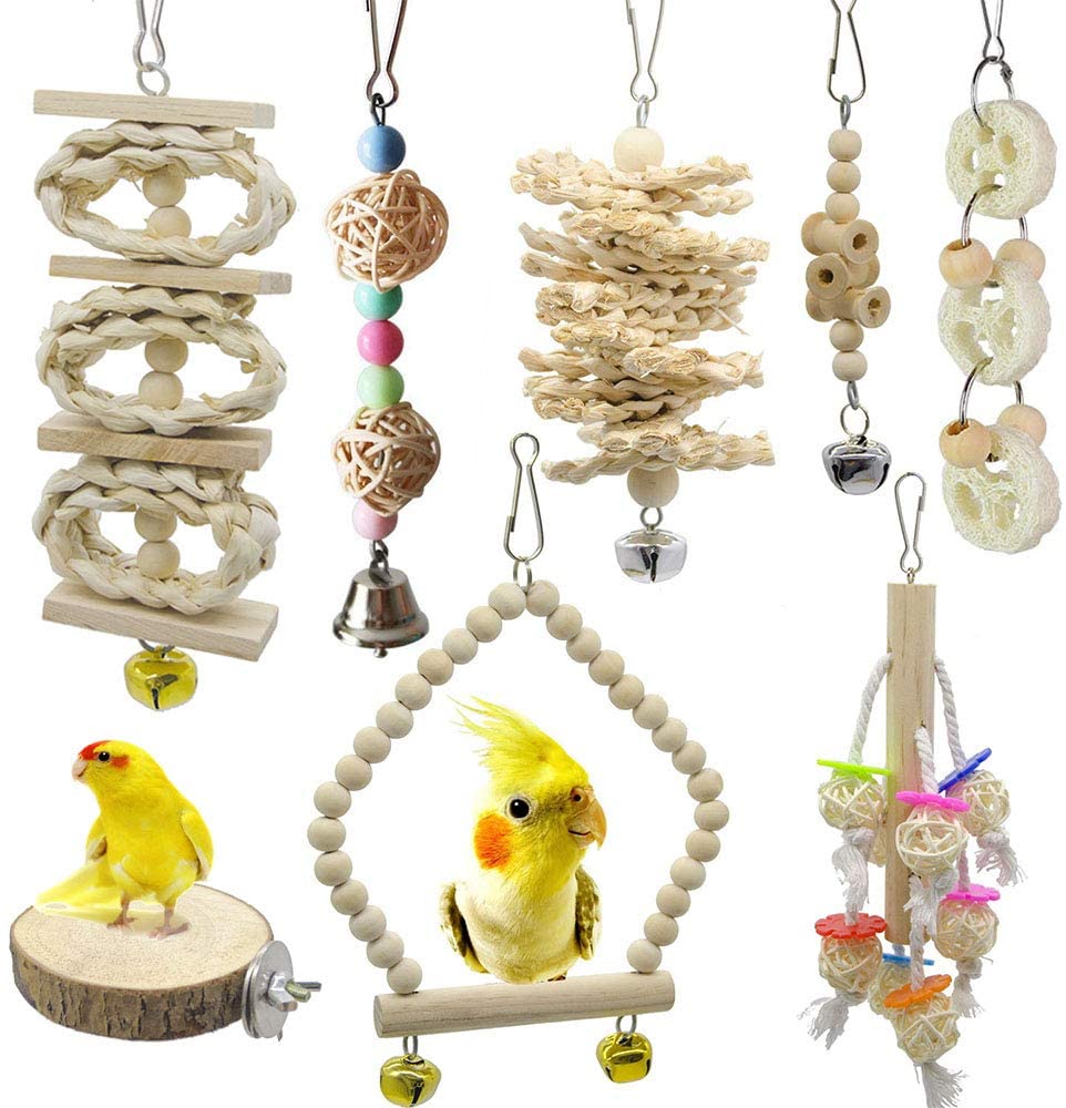 バードトイ 鳥おもちゃ オウムブランコ 鳥グッズ 鳥の遊び場 吊下げタイプ玩具 インコおもちゃ 噛む玩具 原木 8点セット