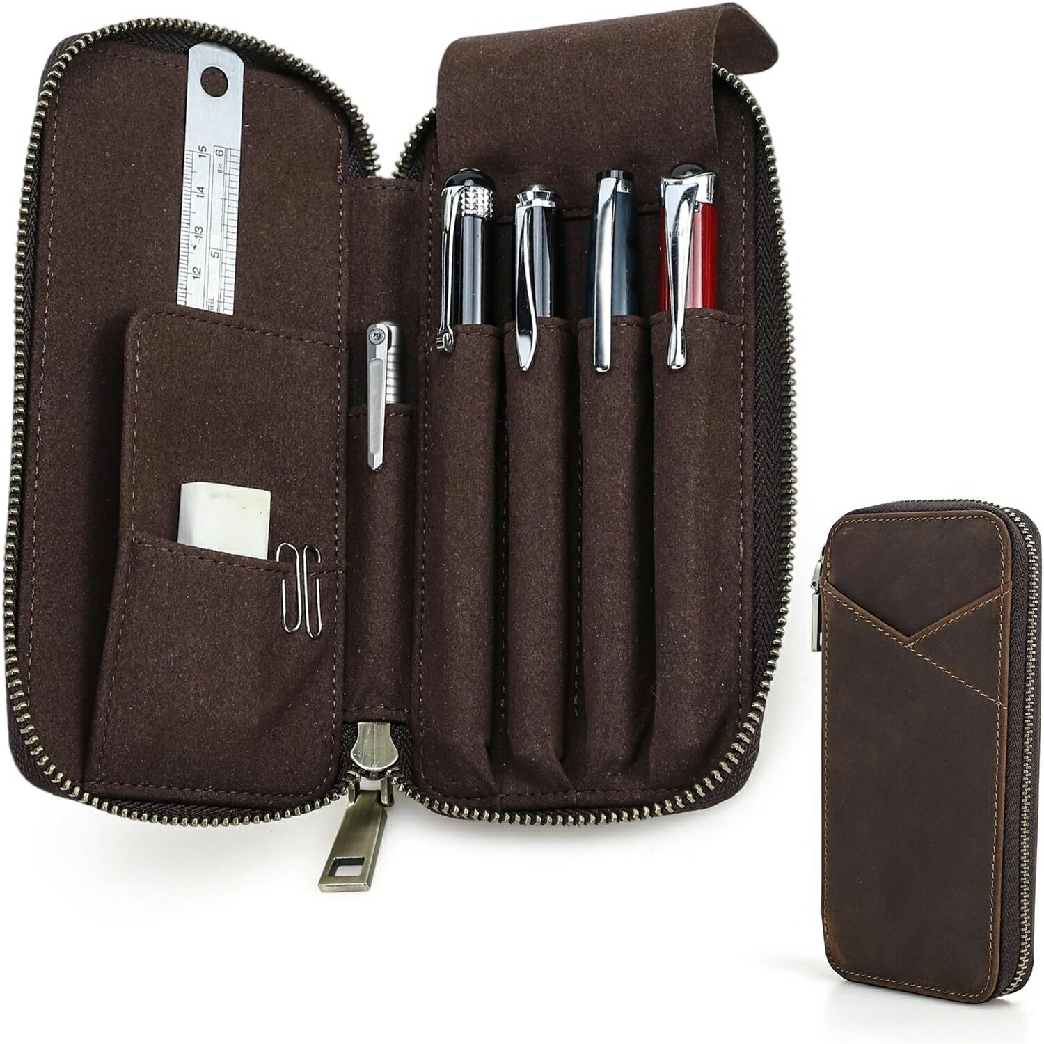 ペンケース 男女兼用 本革 フルグレインオイルビーズレザー マルチ文具ポーチ 手縫いの職人技 小型革ペンケース 小物入れポーチ 4本ペンホルダー シャーペン芯ホルダー 学生証ポケット付き 長持ち 汚れ防止 小型クラッチバッグ風デザイン ギフト コーヒー/グリーン/レッド