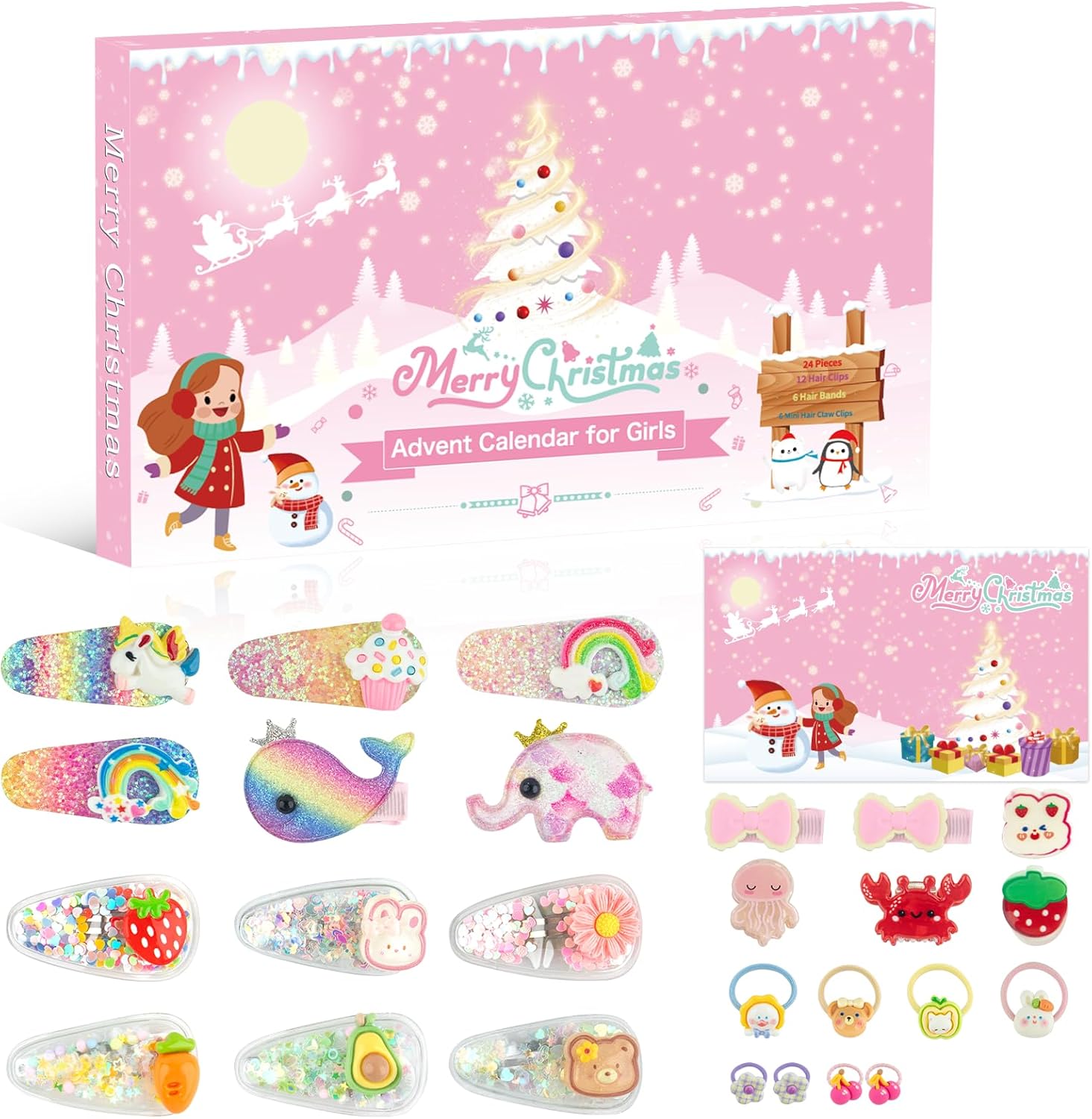 【24点set】 アドベントカレンダー 女の子 ヘアアクセサリー クリスマスプレセント ヘアクリップ ヘアゴム ヘアピン 髪留め かわいい 子ども おもちゃ クリスマス ギフト おんなのこ カレンダー 贈り物 カウントダウン カレンダー
