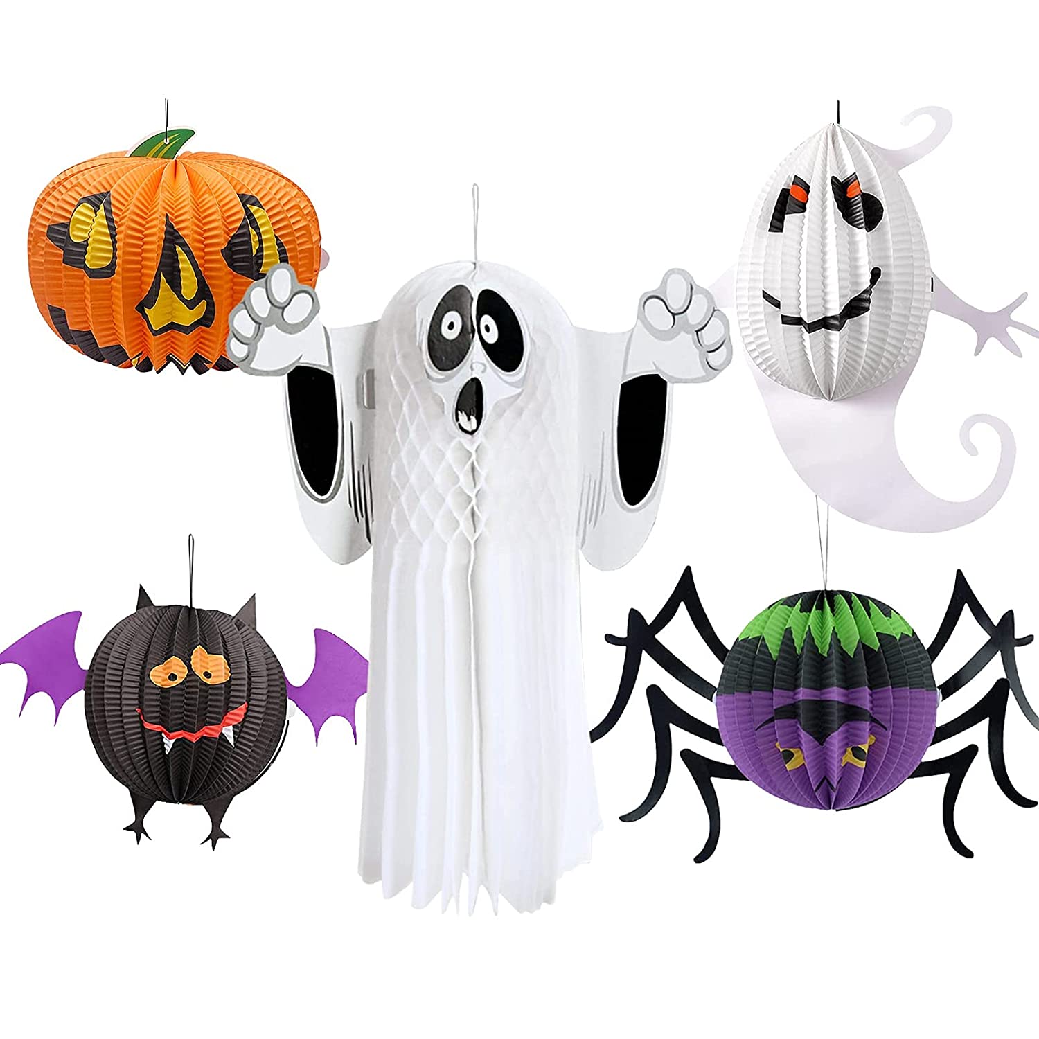 Rakuten - 5点セット 3D 提灯 ハロウィン 飾り 紙製 紙提灯 折りたたみ式 おばけ 幽霊 かぼちゃ コウモリ クモ 壁掛け 吊り下げ式 ハロウィン装飾