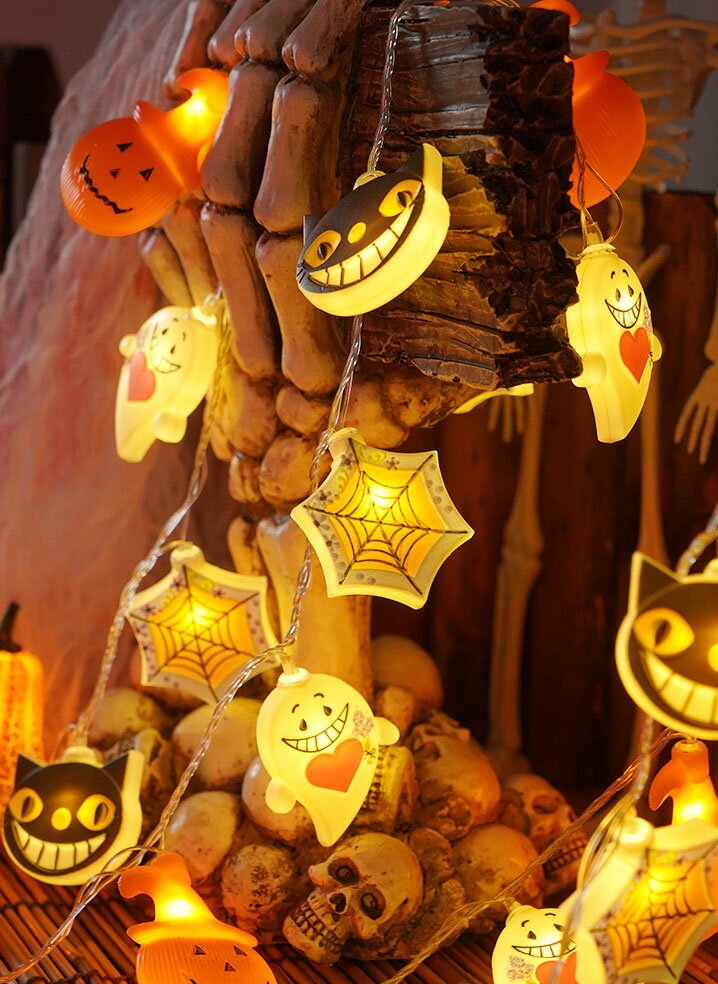 Rakuten - ハロウィン カボチャライト 飾り 万聖節 Halloween 飾り付け 装飾 置物 屋外 パーティー 万聖節装飾品 カボチャ 猫 魔女 幽霊 蜘蛛 黒猫 ドクロランプ 電飾 怖い雰囲気 USB 室内 1.5m