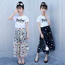 セットアップ キッズ 女の子 韓国子供服 上下セットカジュアル ナチュラル 半袖 花柄 トップス+ズボン ワイドパンツ シフォンズボン ガウチョパンツ 七分丈パンツ 可愛い きれいめ