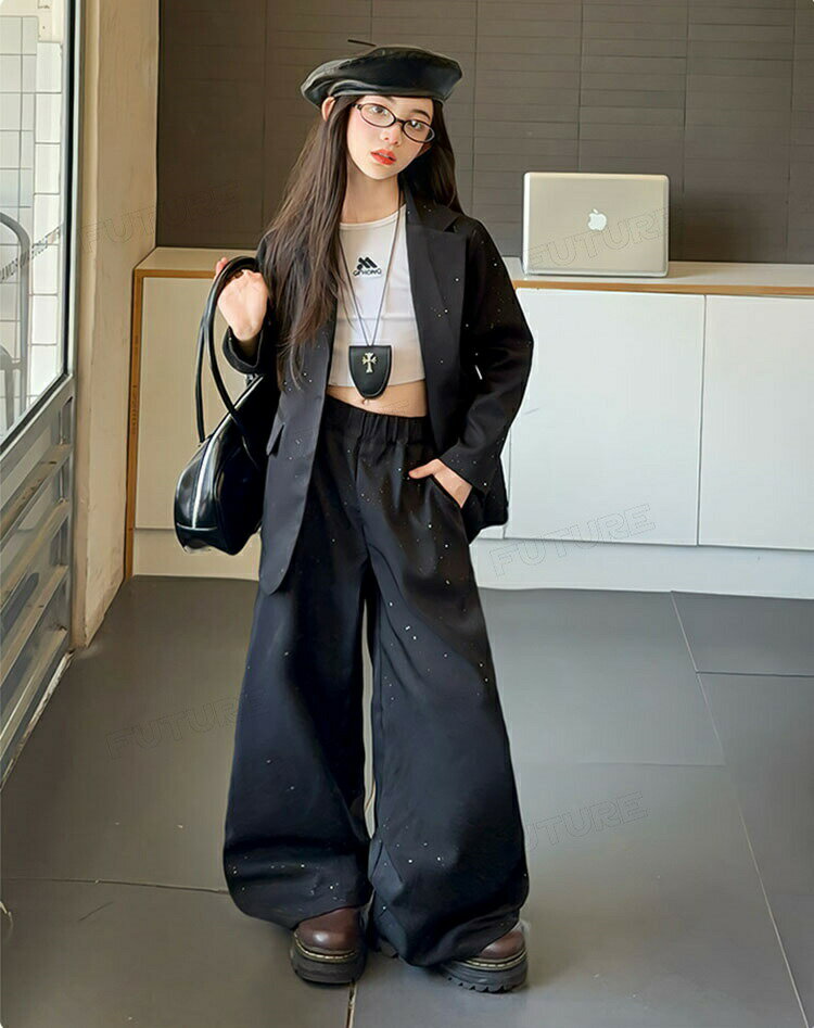 Rakuten - キッズダンス衣装 セットアップ 女の子 ダンススーツ ラメ ブレザー ジャケット ロングパンツ ゆったり ダンス衣装 キッズ 韓国 k-pop 衣装 ジャズダンス ヒップホップ チアダンス パンツスーツ 入学式 発表会 演出服 応援団 練習着 団体服 jazz 120 170cm