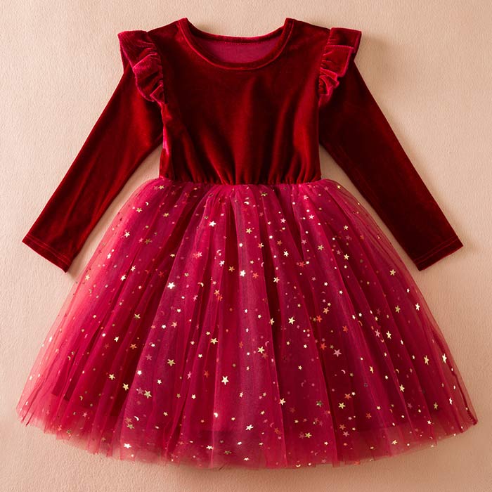 Dresses - ■限定クーポン配布■ 女の子 長袖 ワンピース キッズ チュール キラキラ 星柄 パーティードレス クリスマス 衣装 おしゃれ 可愛い 保育園 発表会用