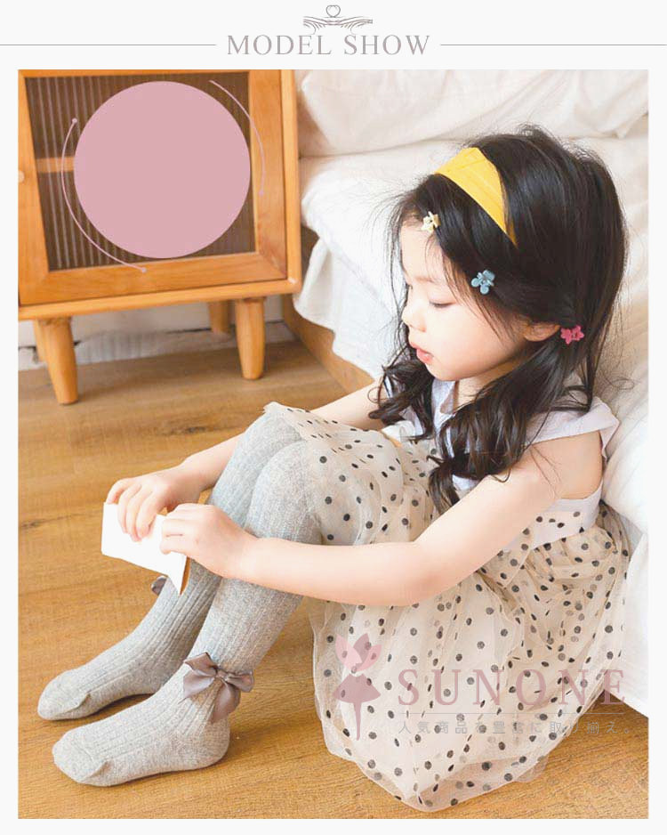 リブタイツ キッズ ベビー リボン付き 70-150cm ホワイト 女の子 綿混 くすみカラ...