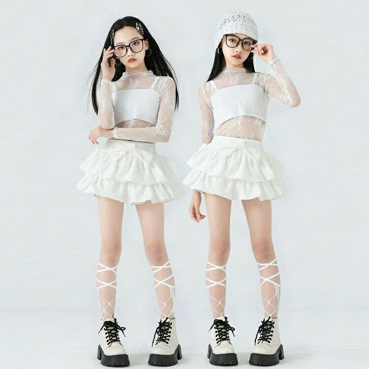 Rakuten - ＼スーパーセール限定クーポンあり／ キッズ ダンス衣装 ティアード トップス メッシュ 長袖 キャミソール 無地 セットアップ 夏用 子供服 女の子 HIPHOP k-pop 韓国風